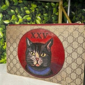 Gucci Beige GG Supreme Pouch with Red Cat Motif and Black Accents